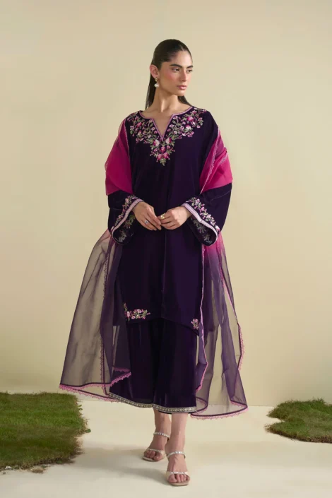 VALVET PURPLE 2PCS EMBROIDERED KURTA WITH TROUSER